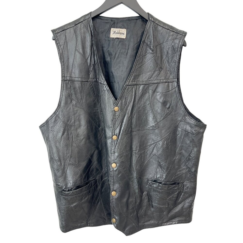 Ashburn Patchwork Genuine Leather Vest Size 2X Snap Front Moto Biker Grunge